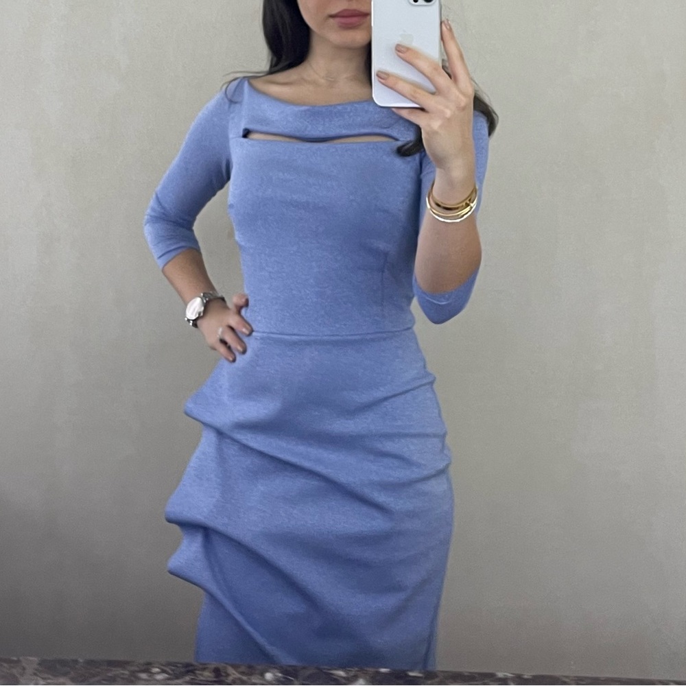 Chiara Boni Metallic Slate Blue Draped Midi Dress